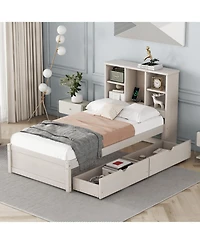 Rainsken Twin Storage Bed, with Bookcase Headboard and 2 Drawers, Built-in Usb Port, for Kids Teens Adults, No Box Spring Needed