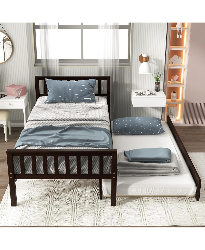 Rainsken Twin Bed with Trundle, Wood Platform Frame Headboard and Footboard, No Box Spring Needed for Kids Boys Girls Teens