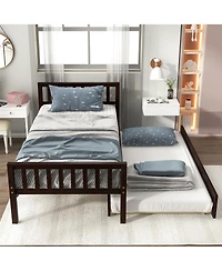 Rainsken Twin Bed with Trundle, Wood Platform Frame Headboard and Footboard, No Box Spring Needed for Kids Boys Girls Teens