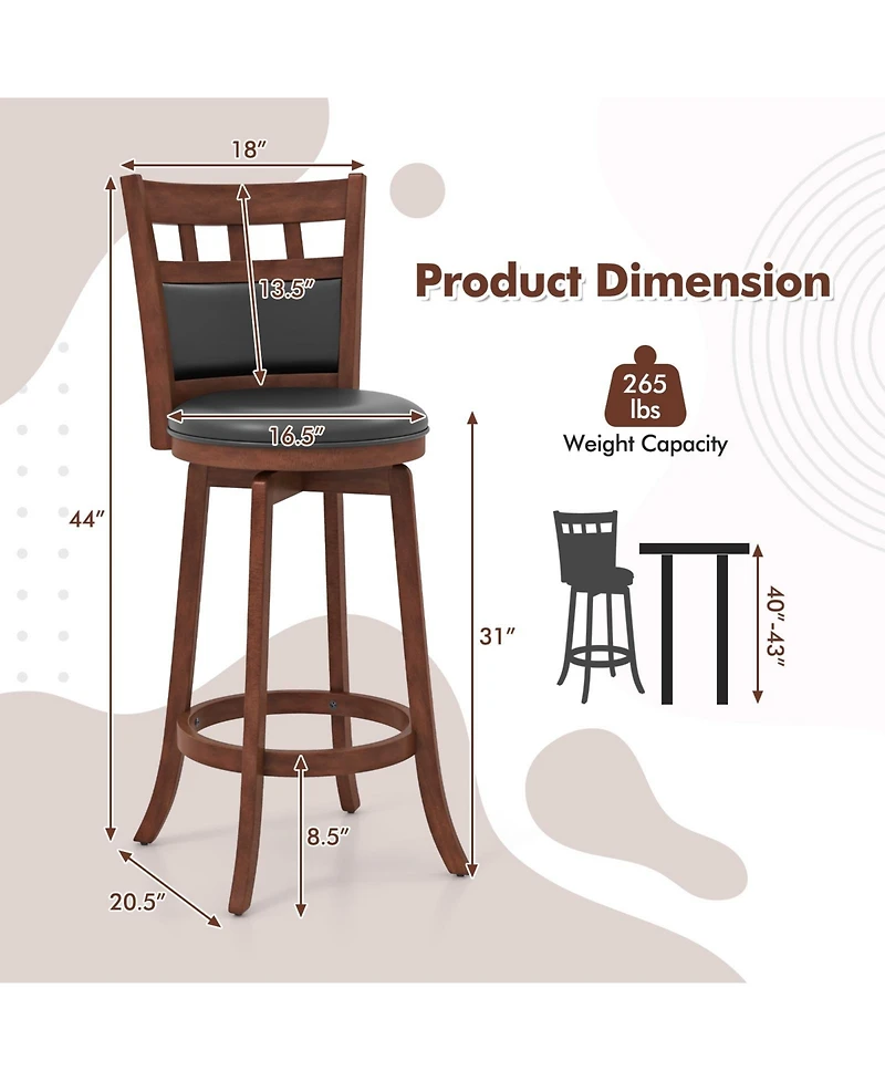 Slickblue Counter Height Wooden Swivel Bar Stools Set of 2, Faux Leather Upholstered Chairs