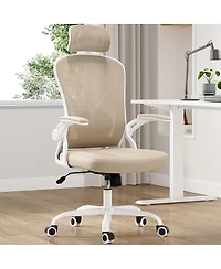 Flynama WhiteandKhaki High Back Mesh Chair,HeadrestandAdjustable Lumbar Support