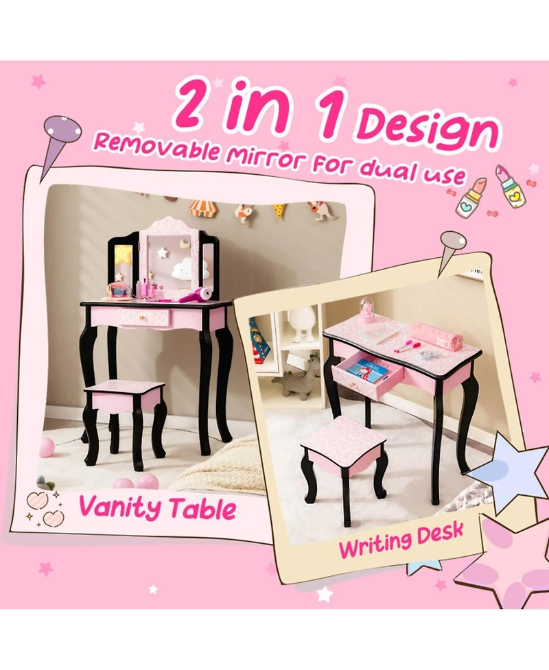Gouun Kids Wood Makeup Dressing Table with Dimmable Lights and Stool