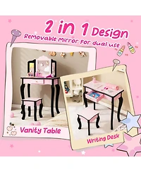 Gouun Kids Wood Makeup Dressing Table with Dimmable Lights and Stool