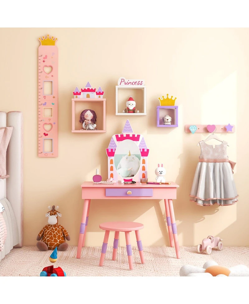 Gouun Wood Kids Princess Vanity Set with Mirror and Stool