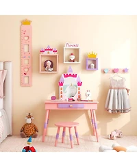 Gouun Wood Kids Princess Vanity Set with Mirror and Stool