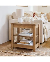 Tribesigns Solid Wood End Table with 3-Tier Storage Shelf, Farmhouse Narrow Sofa Side Table, Small Rectangular Nightstand