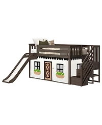 Max & Lily Low Twin over Bunk With Stairs, Easy Slide and Black White Farmhouse Curtain