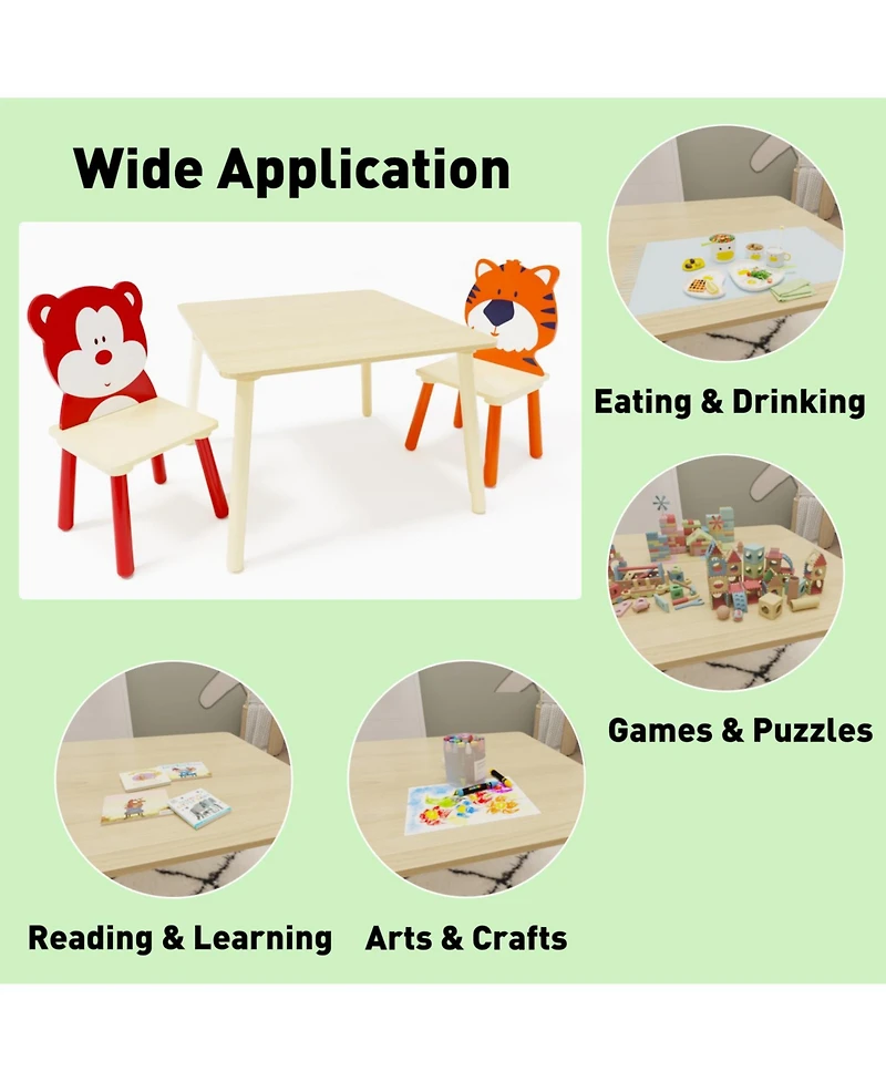 Rainsken 3 Piece Wood Table and Chair Set, with 2 BearandTiger Animals Chairs, Wood Activity Tables Drawing Play Table Set, for Age 2-6 Boy Girl
