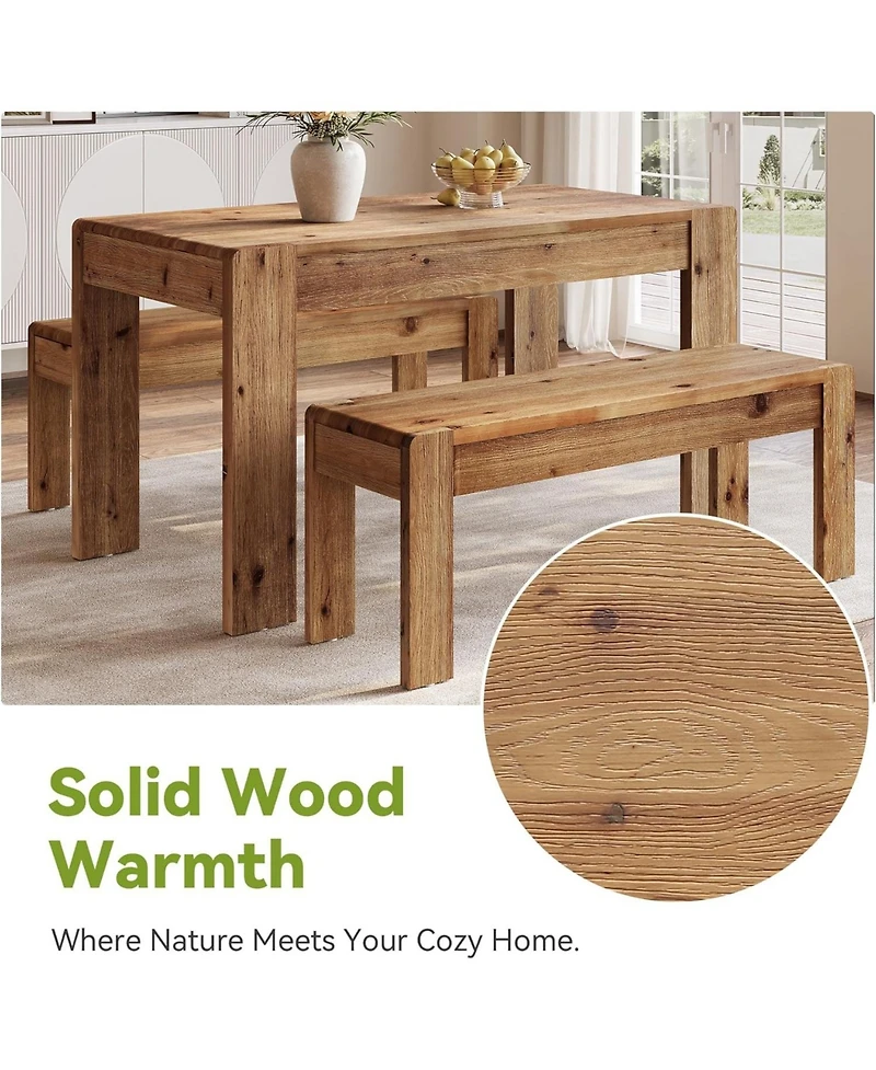 Tribesigns Solid Wood Dining Table Set for 4-6, 55" Dining Table with 2 Benches, Farmhouse Kitchen Table Set with Sturdy Legs, Dining Room Table Set