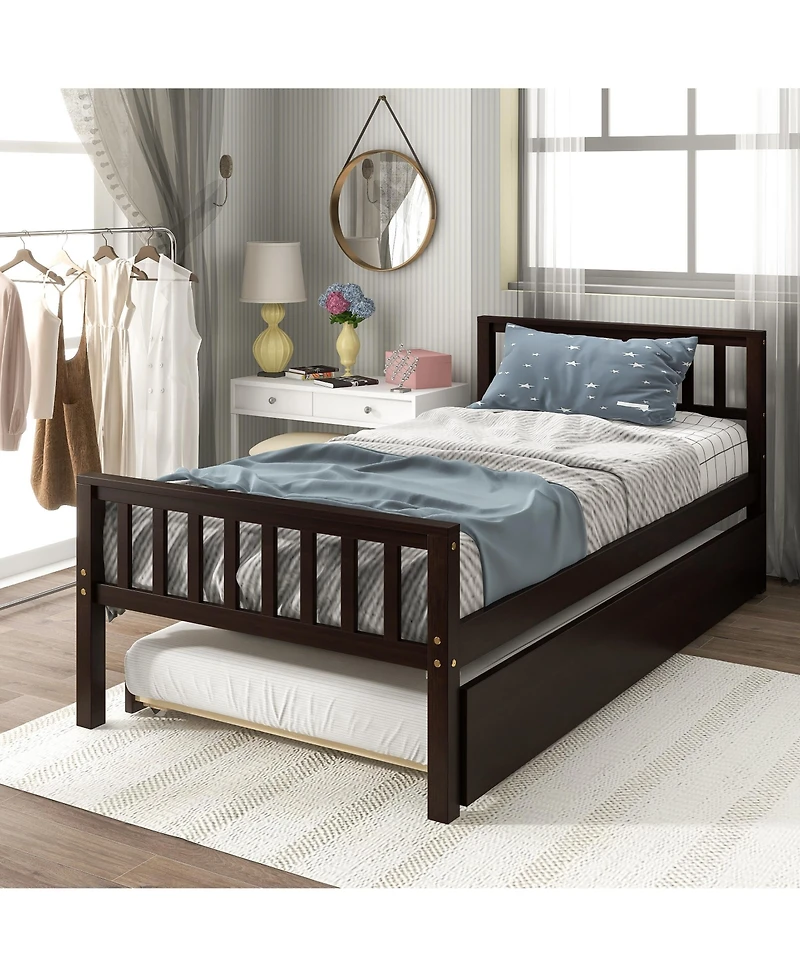 Sailvan Twin Bed with Trundle, Solid Wood Platform Frame Headboard, No Box Spring Needed
