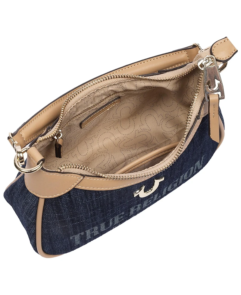 True Religion Blair Denim and Pu Shoulder Bag Logo Mini with Detachable Strap