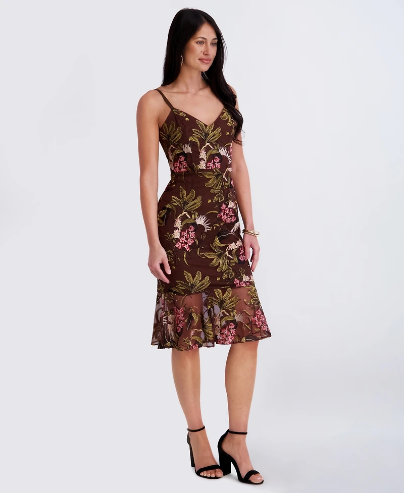Siena Women's Embroidered Mesh Sweetheart Neck Midi Dress