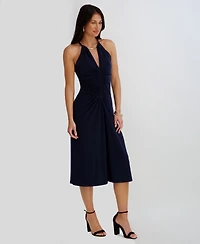Siena Women's Ruched Halter V-Neck Midi Dress