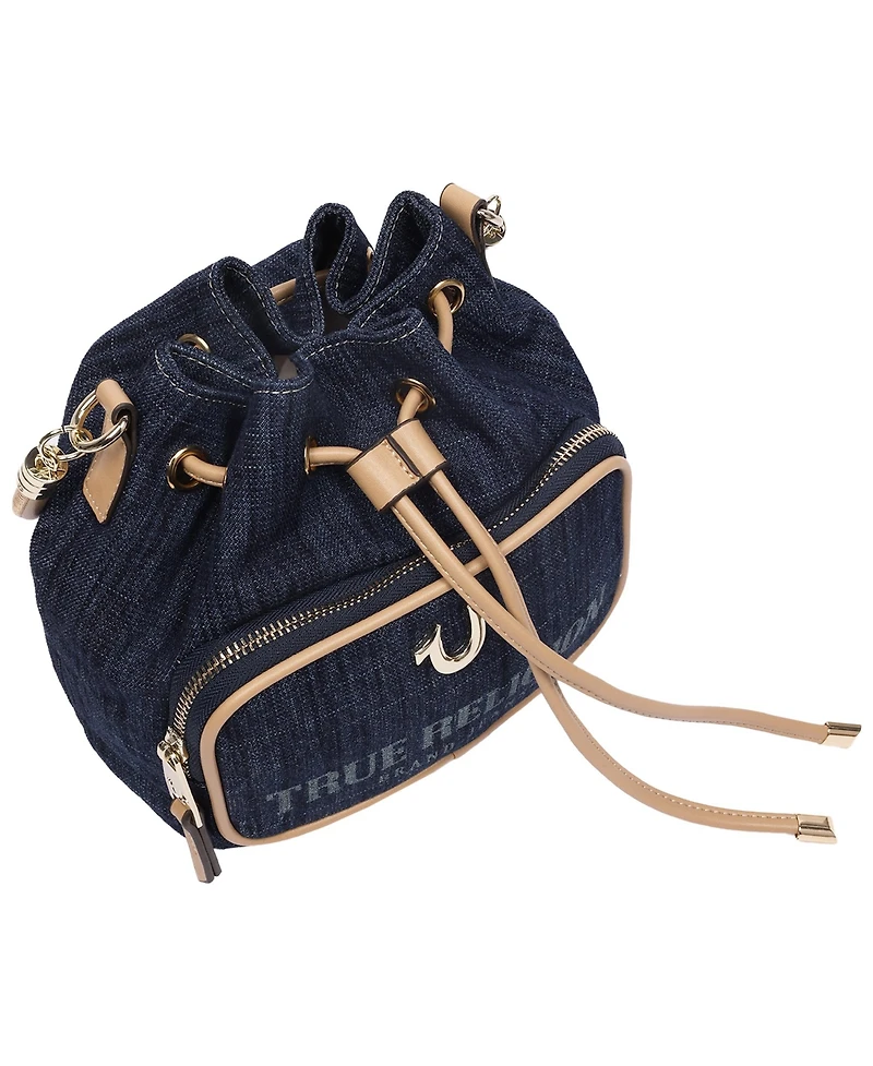 True Religion Bryce Denim and Pu Bucket Bag - Women s Designer Drawstring Bucket Handbag with Crossbody Strap