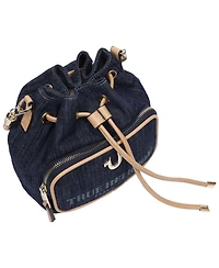 True Religion Bryce Denim and Pu Bucket Bag - Women s Designer Drawstring Bucket Handbag with Crossbody Strap