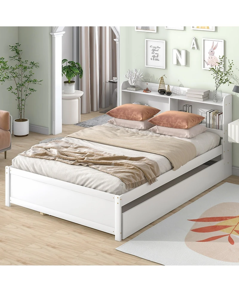 Sailvan Full Platform Bed with Trundle and Storage Bookcase Headboard, Solid Pine Wood