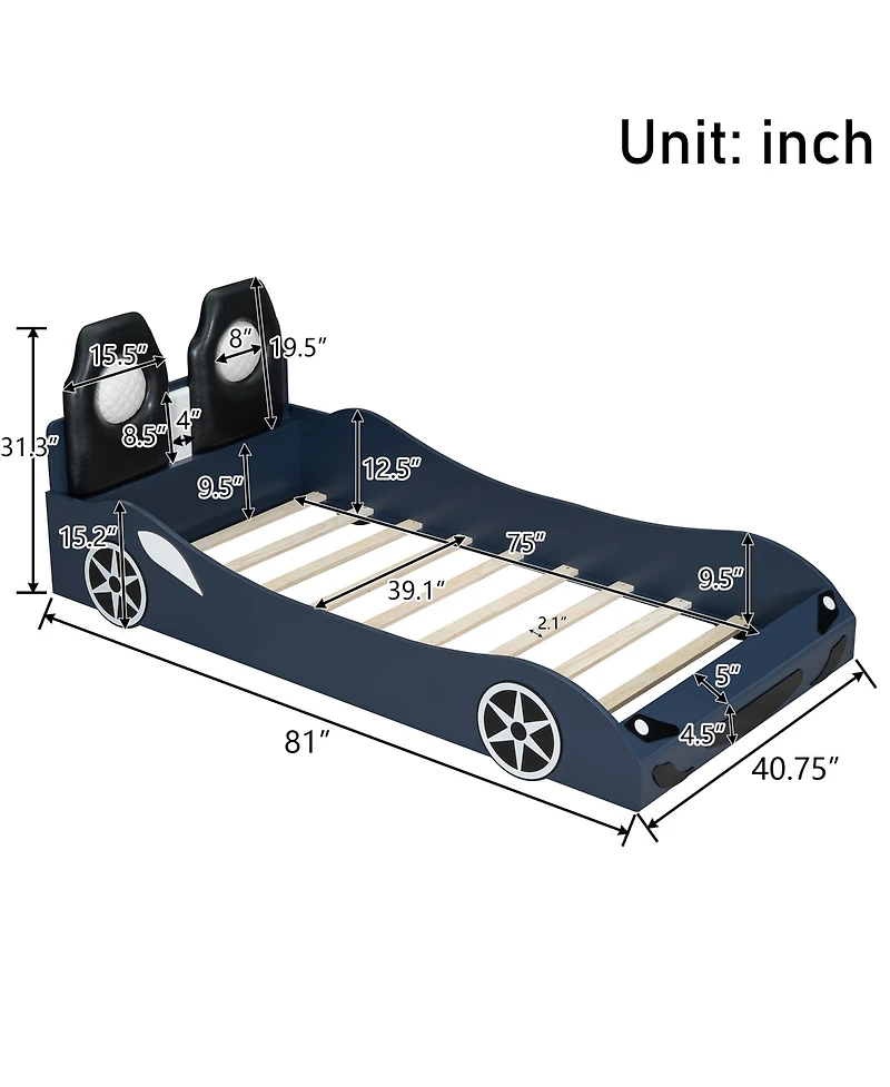 Sailvan Twin Race Car Bed Frame with Under-Bed Led Lighting and Upholstered Backrest