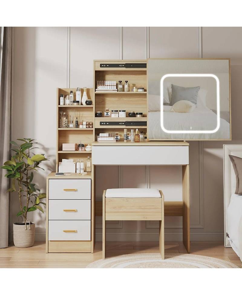 Homfan Modern Vanity Desk with Sliding Led Mirror, 4 Drawers, Power Outlet, Storage Shelves, Adjustable Lighting, Cushioned Stool