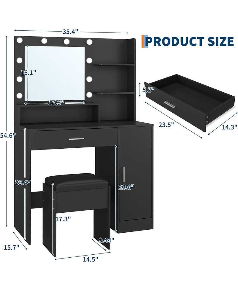 gaomon Vanity with Mirror, Three-Level Adjustable Lighting, Drawer Cabinet, Power Outlet and Stool Compact Design Ideal for Bedrooms Apartments