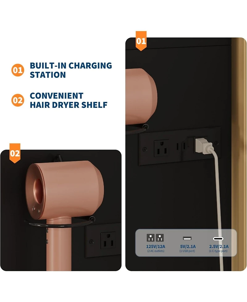 gaomon Vanity Set with Sliding Mirror,3-Level Dimmable Lighting, Stool,Power Outlet,HairdryerHolder,Storage Cabinet Open Shelves & 4 Drawers