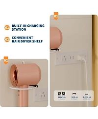 gaomon Vanity Set with Sliding Mirror,3-Level Dimmable Lighting, Stool,Power Outlet,HairdryerHolder,Storage Cabinet Open Shelves & 4 Drawers