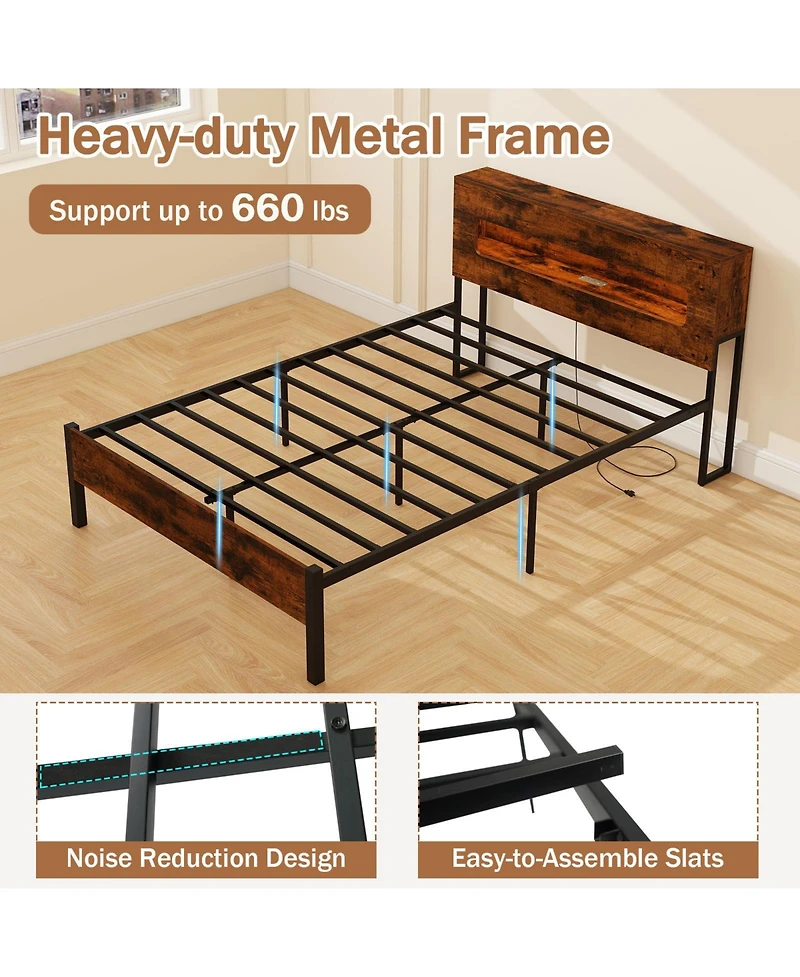 Slickblue Bed Frame with Slatted Base, Led Lighting and Storage Headboard Design