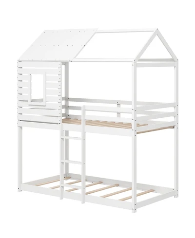 Slickblue Kids House Bunk Bed Twin Over Twin with Roof and Safety Rails