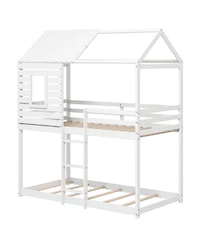 Slickblue Kids House Bunk Bed Twin Over Twin with Roof and Safety Rails