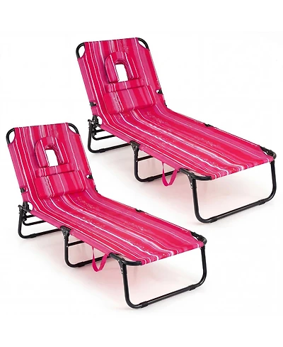 Gymax 2PCS Folding Beach Sun Lounger w/Face Hole Removable Pillows 4-Position Backrest