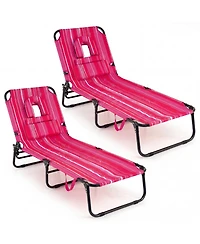 Gymax 2PCS Folding Beach Sun Lounger w/Face Hole Removable Pillows 4-Position Backrest