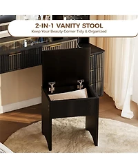 Homfan Vanity Desk with Lighted Mirror, Glass Top Dressing Table with Charging Station and Cushioned Storage Stool for Bedroom