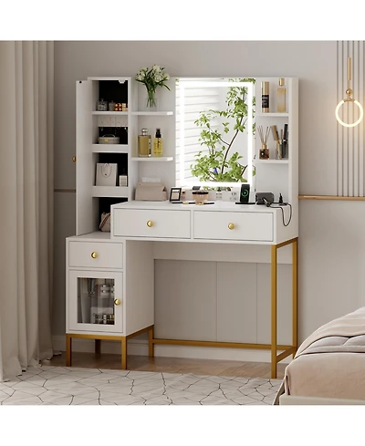 Homfan Modern Vanity Desk with Led Lighted Mirror - 3-Color Dimmable Lighting, Usb Charging Station, Hidden Jewelry Cabinet, Drawers and Shelves