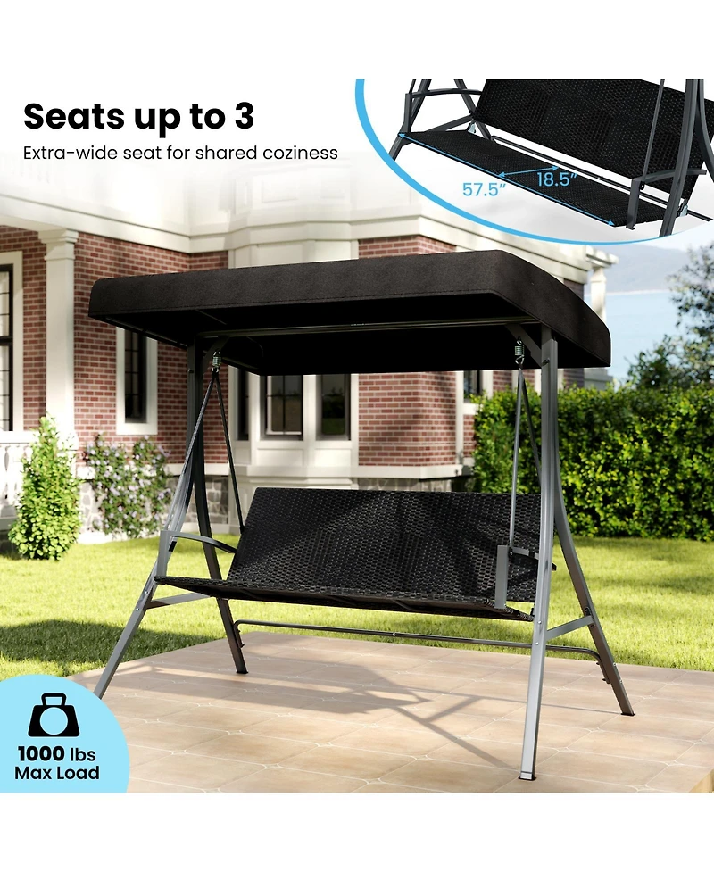Mecale Person Outdoor Porch Swing with Stand, Rattan Backrest & Canopy
