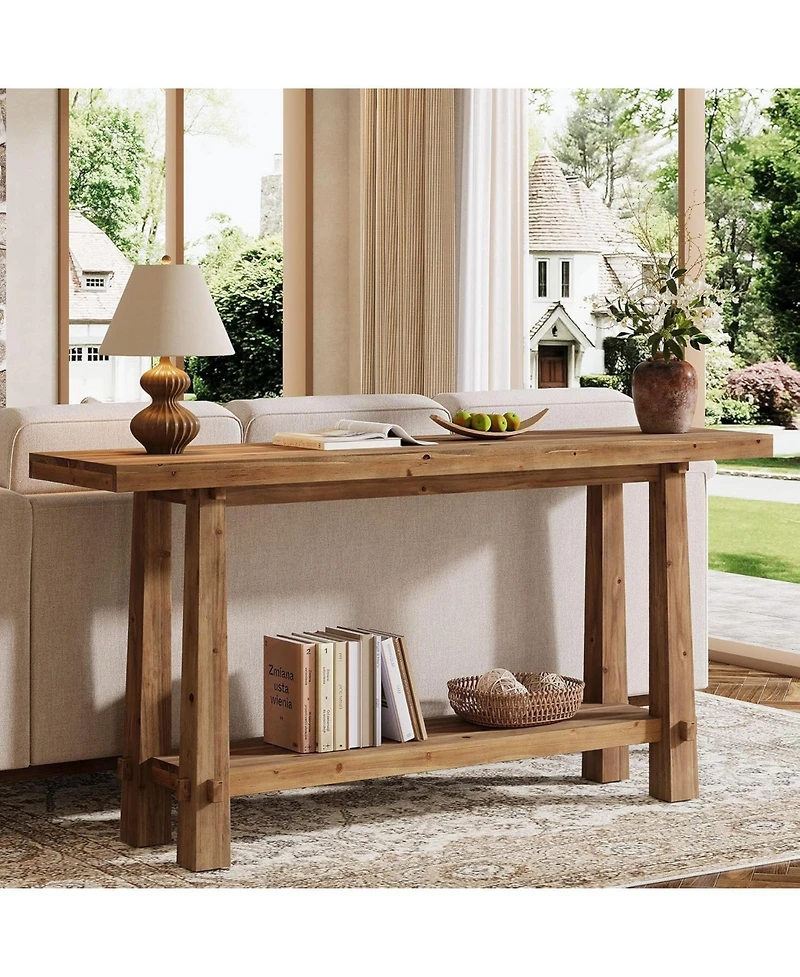 Tribesigns 63" Solid Console Table, Farmhouse 2-Tier Wood Entryway Sofa Table for Living Room, Hallway, Easy Assembly, Natural Rustic Brown