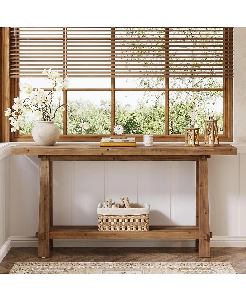 Tribesigns 63" Solid Console Table, Farmhouse 2-Tier Wood Entryway Sofa Table for Living Room, Hallway, Easy Assembly, Natural Rustic Brown