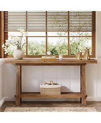 Tribesigns 63" Solid Console Table, Farmhouse 2-Tier Wood Entryway Sofa Table for Living Room, Hallway, Easy Assembly, Natural Rustic Brown