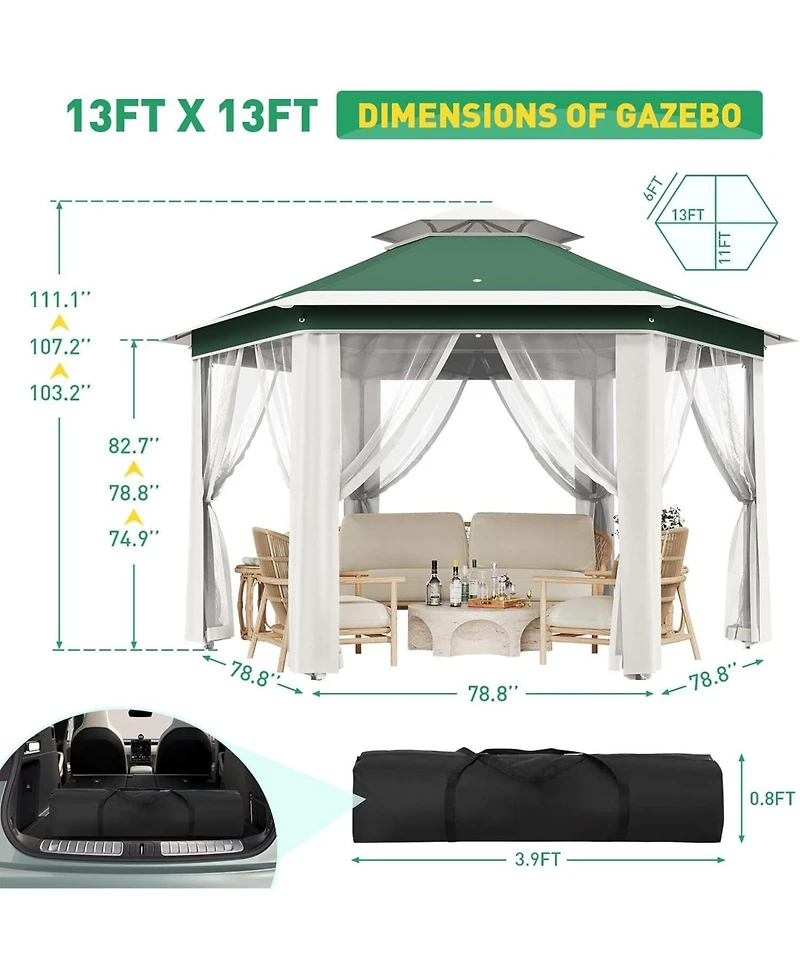 gaomon 13' x 13' Hexagonal Pop Up Gazebo Canopy Shelter for Backyard, Garden, Lawn