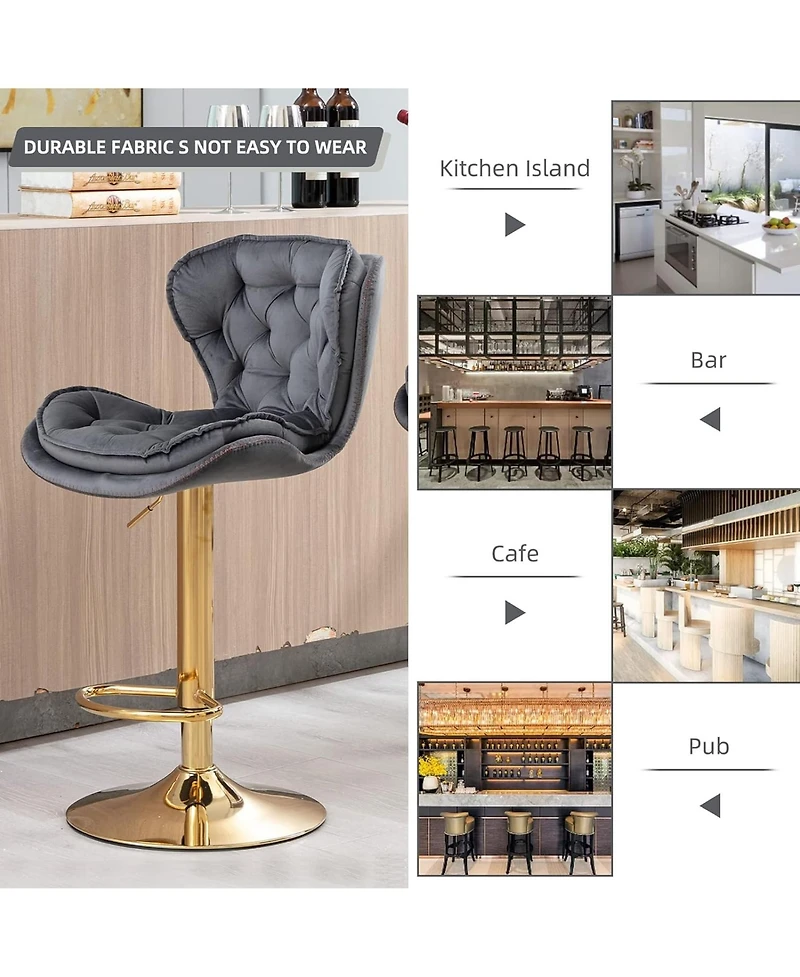 Rainsken Swivel Velvet Bar Stools Set of 2, Adjustable Counter Height Chairs with Chrome Footrest and Base for Kitchen Island, Home Pub