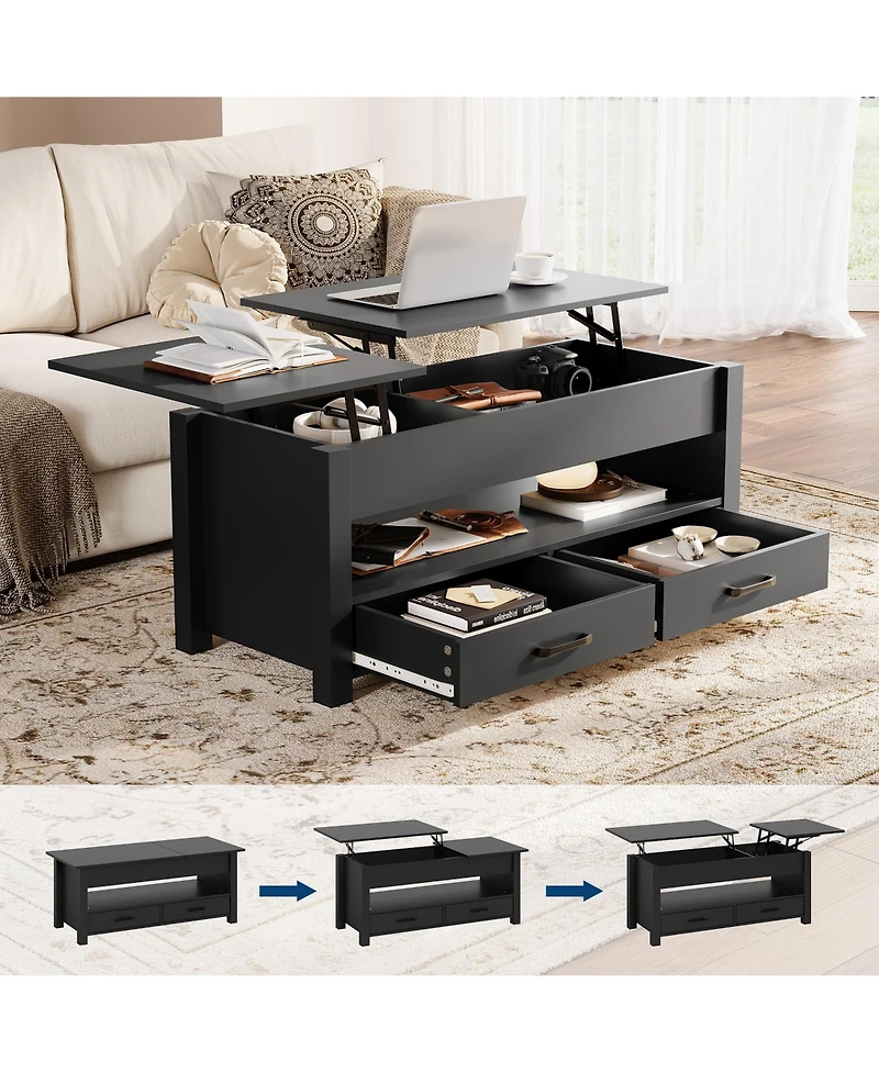 Homfan Lift Top Coffee Table with Hidden Storage, 47" Farmhouse Center Table with Two Drawers and Adjustable Wooden Tabletop for Living Room