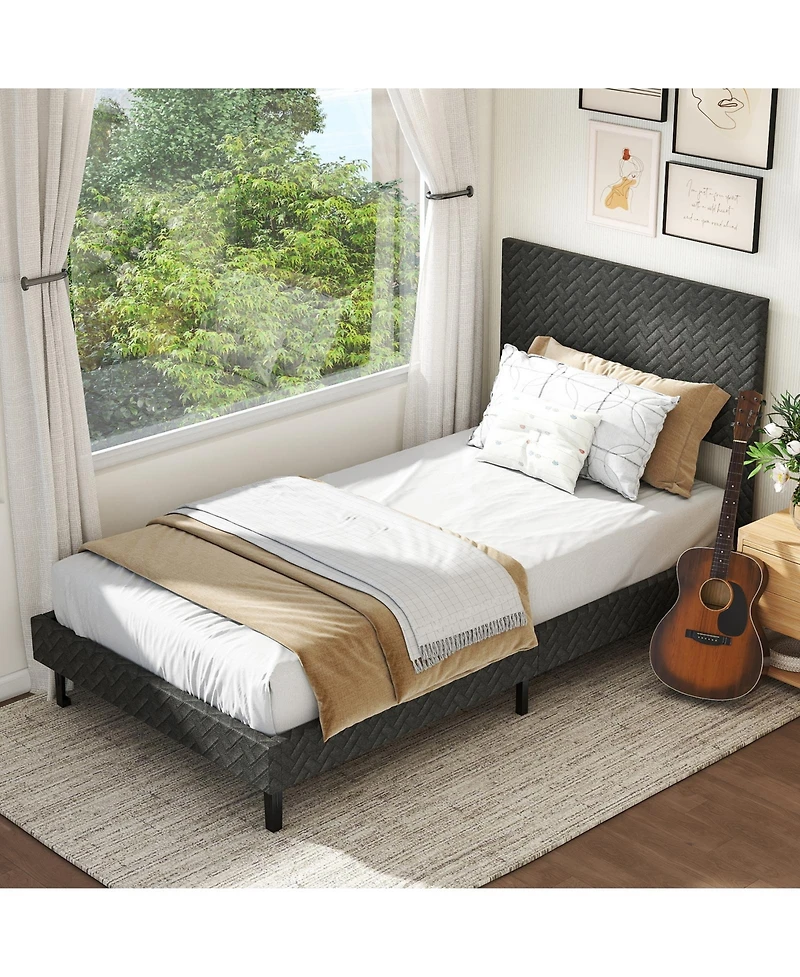 Slickblue Upholstered Velvet Platform Bed with Chevron Headboard