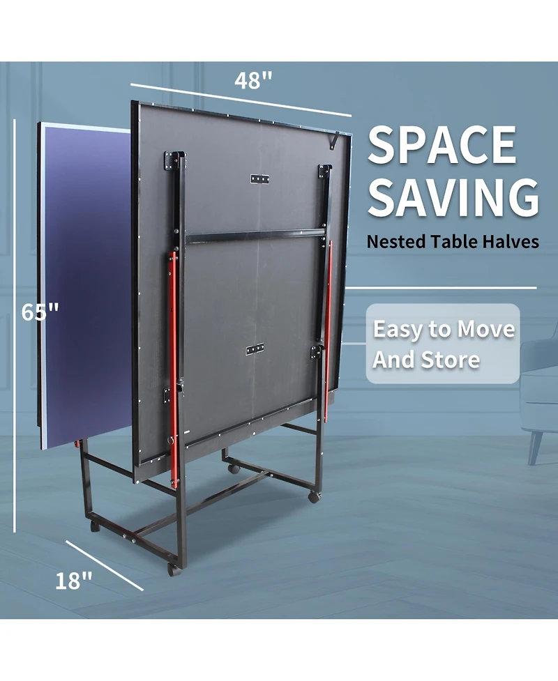 Rainsken 8FT Mid-Size Table Tennis Table, Foldable and Portable Ping Pong Table Set with Net, 2 Table Tennis Paddles and 3 Balls for Family Game