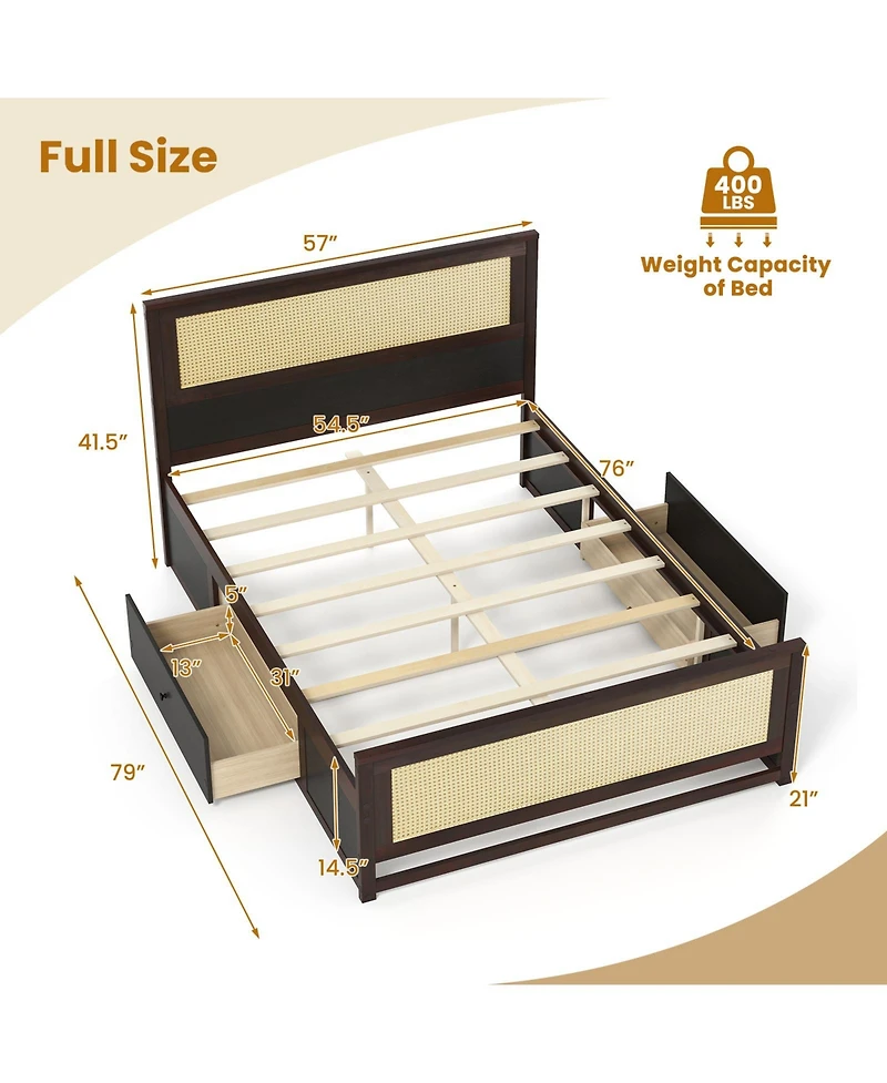 Slickblue Rattan Platform Bed Frame Full with Storage Drawers