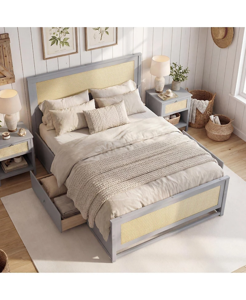 Slickblue Rattan Platform Bed Frame Full with Storage Drawers