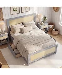 Slickblue Rattan Platform Bed Frame Full with Storage Drawers