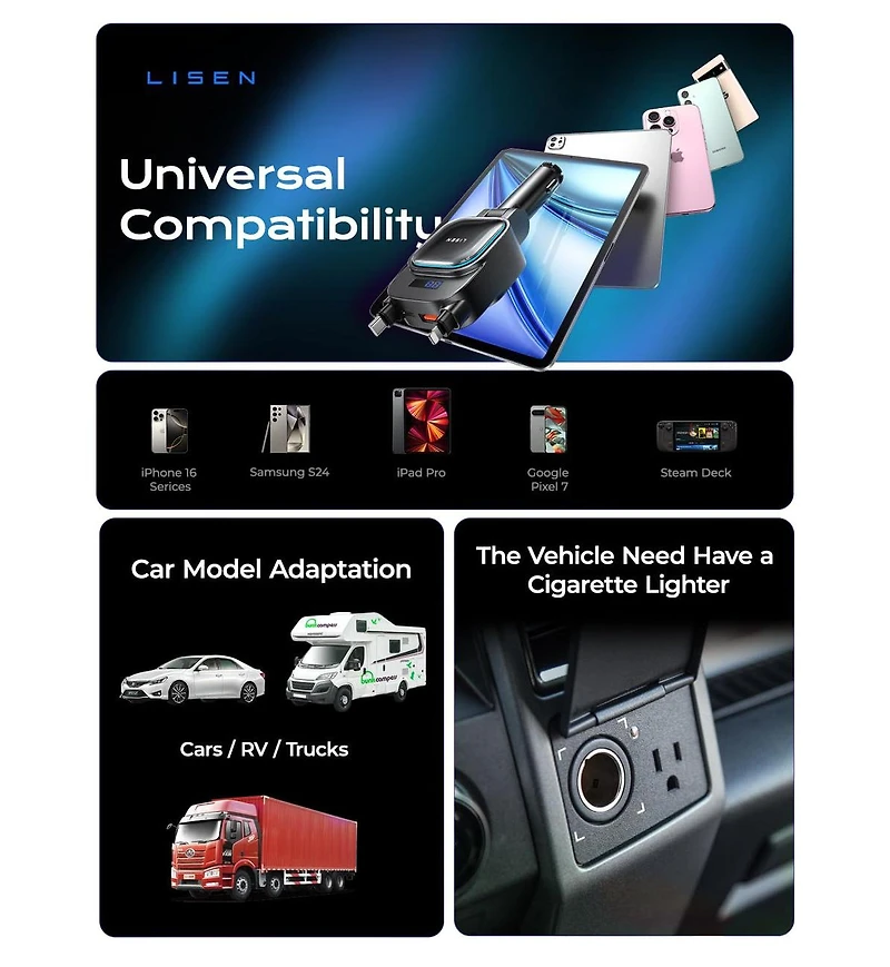 Lisen 96W Retractable Car Charger, 4-in-1 Fast Charging Adapter with Usb-c, Usb-a and Dual Cables for iPhone, Samsung, iPad, Android