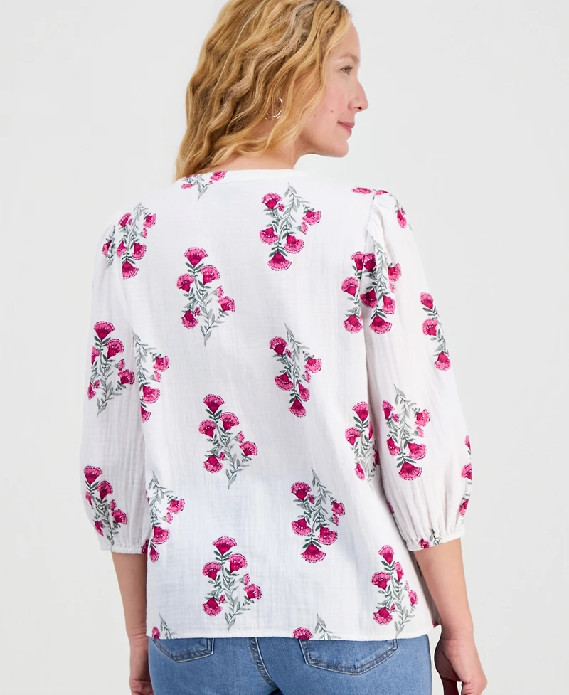 Style & Co Women's Printed Cotton Gauze 3/4-Sleeve Top, Macy's Exclusive