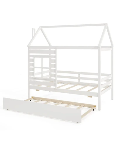 Slickblue Wooden House Bed with Trundle and Roof Platform Frame