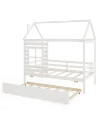 Slickblue Wooden House Bed with Trundle and Roof Platform Frame