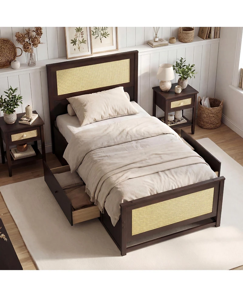 Slickblue Rattan Twin Bed Frame with Built-in Storage Drawers