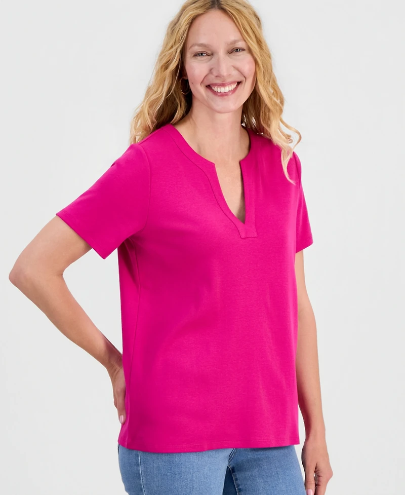 Style & Co Women's Cotton Short-Sleeve Split-Neck Top, Macy's Exclusive